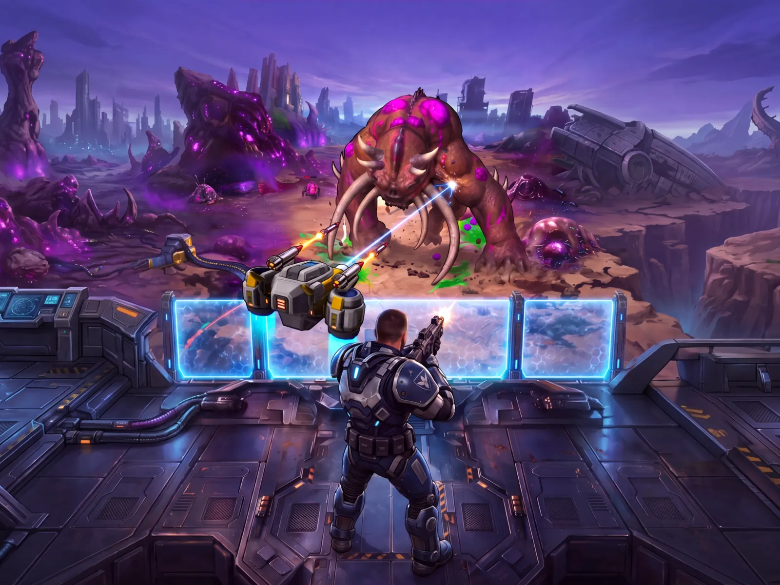 An armored marine and a combat drone hold a shielded platform while a huge tusked alien boss charges across a purple wasteland.