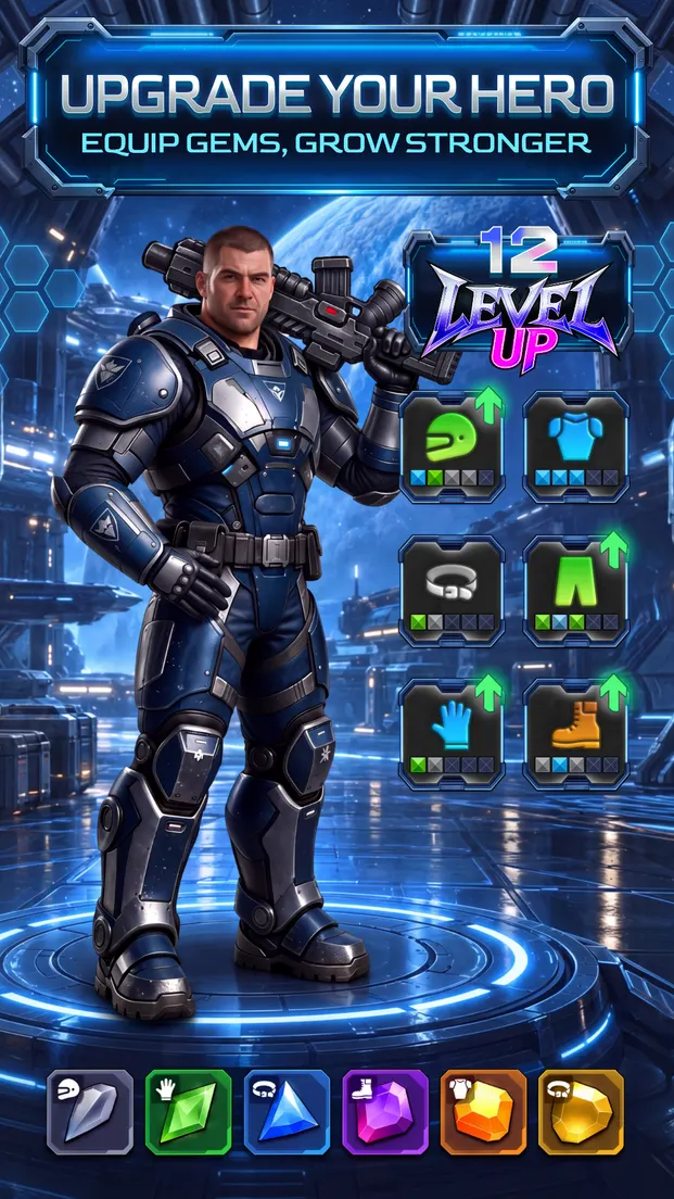 Store screenshot captioned Upgrade your hero, equip gems, grow stronger: the marine in full armor next to his gear slots and a level-up badge.