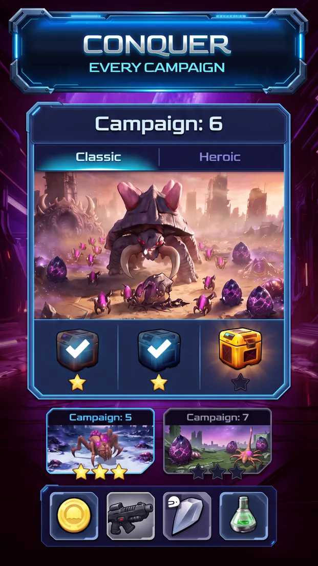 Store screenshot captioned Conquer every campaign: the campaign screen with Classic and Heroic tabs, star rewards and a chest.